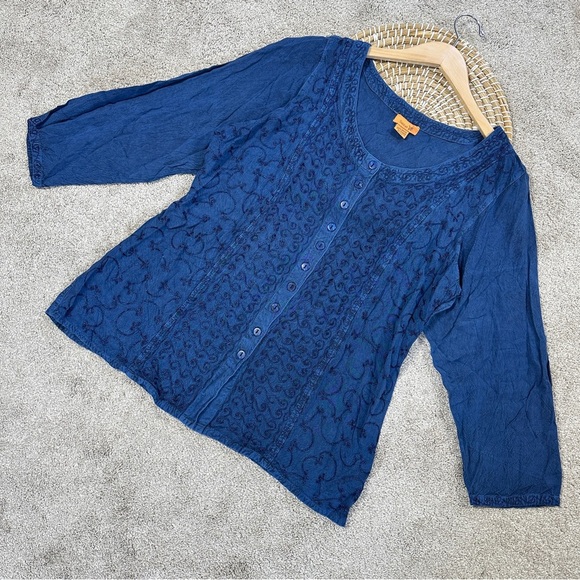 Sakkas Fedella Deep Scoop Neck Longsleeve Top Adjustable Back Straps Blue 1X/2X - Picture 3 of 14